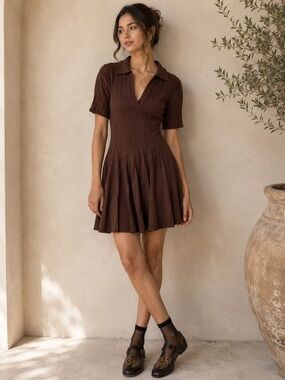Anthropologie Brown Ribbed Knit A-Line Mini Sweater Dress NWT Small